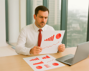 Executivo analisando gráficos de eficiência após adoção de outsourcing de impressão