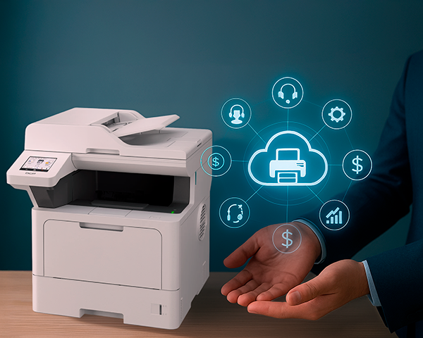 Ilustração comparando os custos e benefícios de comprar ou alugar uma impressora empresarial
