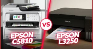 Comparação visual entre as impressoras Epson C5810 vs Epson L3250 lado a lado, destacando diferenças entre modelos para uso empresarial e doméstico.