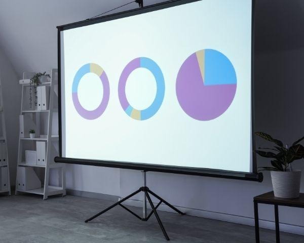 Tela para locação de projetor exibindo gráficos em uma apresentação empresarial